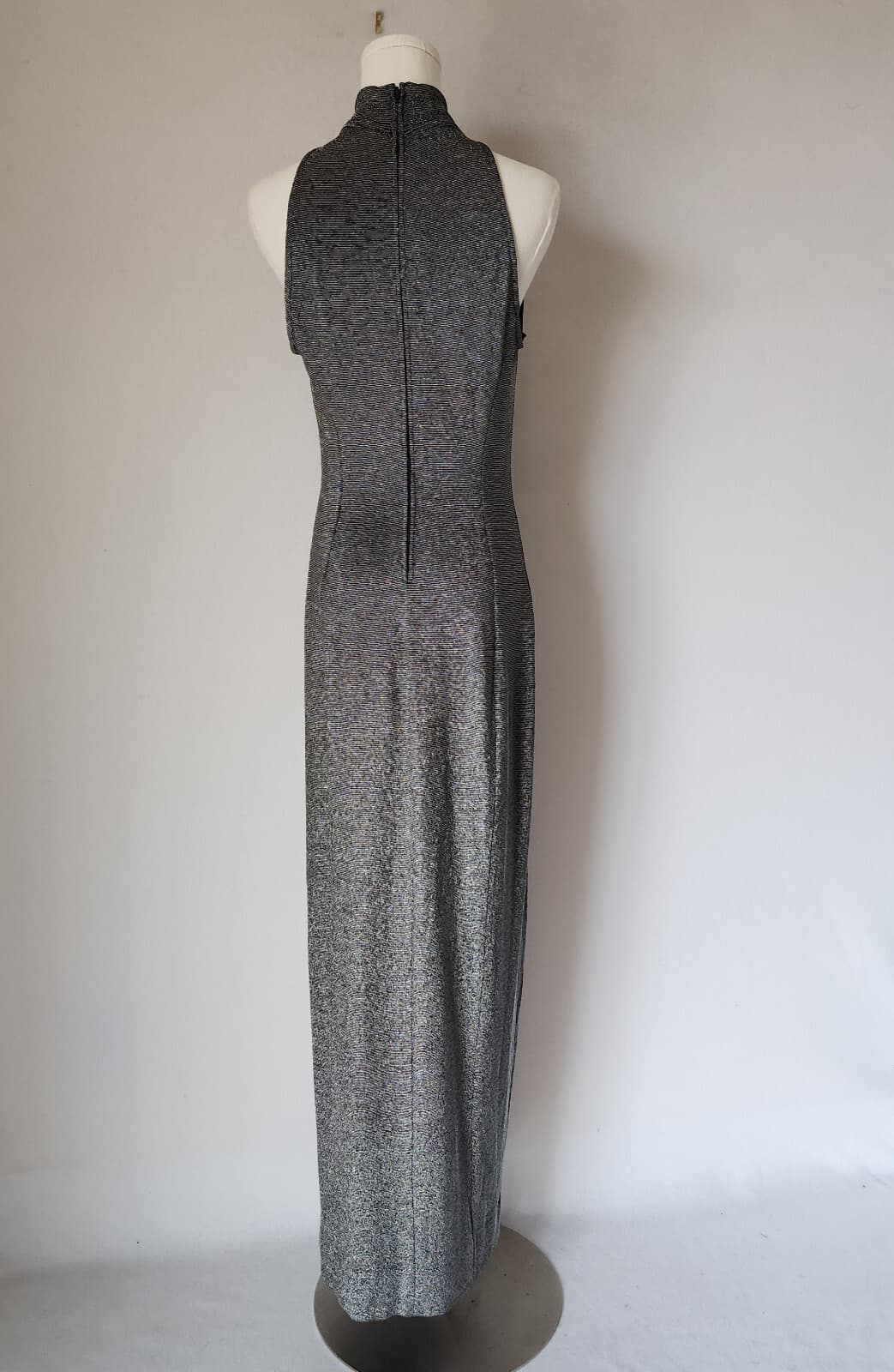 Vintage Tadashi Silver Metallic Party Evening Maxi Dress Halter Mock Neck Sz.M - Thumbnail 6