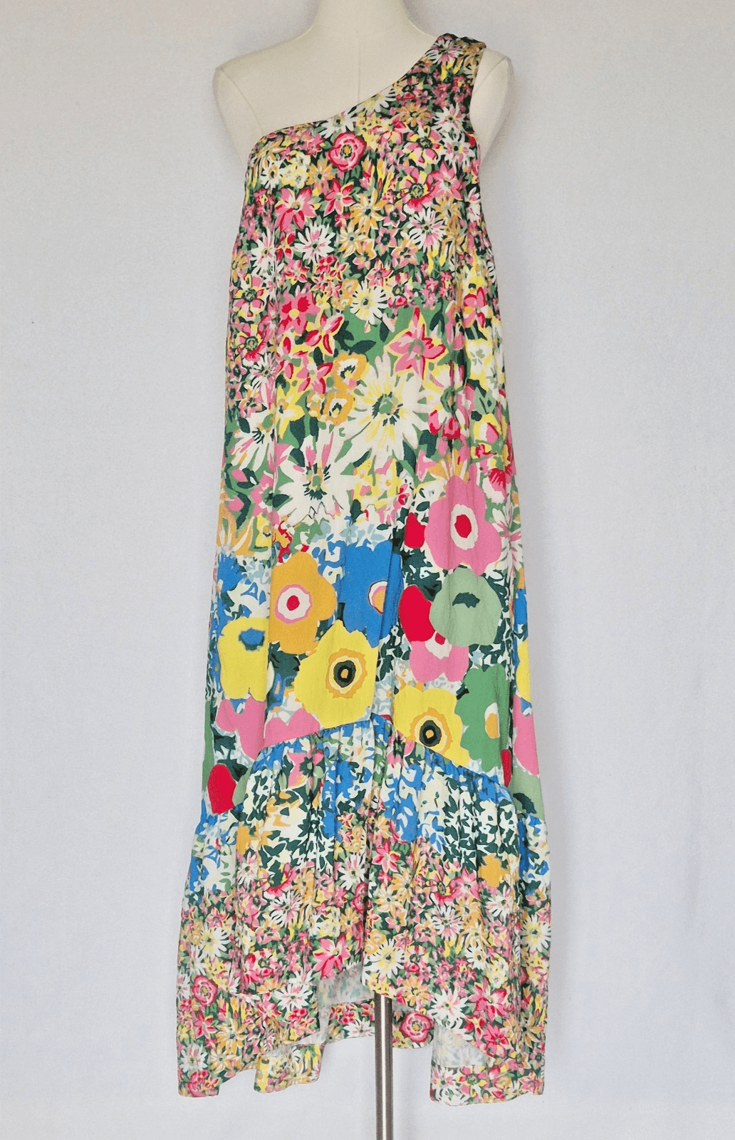 Sarah Campbell Anthropologie Floral One-Shoulder Midi Dress Hi-Low Pocket Size S
