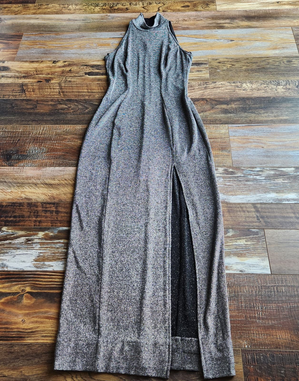 Vintage Tadashi Silver Metallic Party Evening Maxi Dress Halter Mock Neck Sz.M - Thumbnail 8