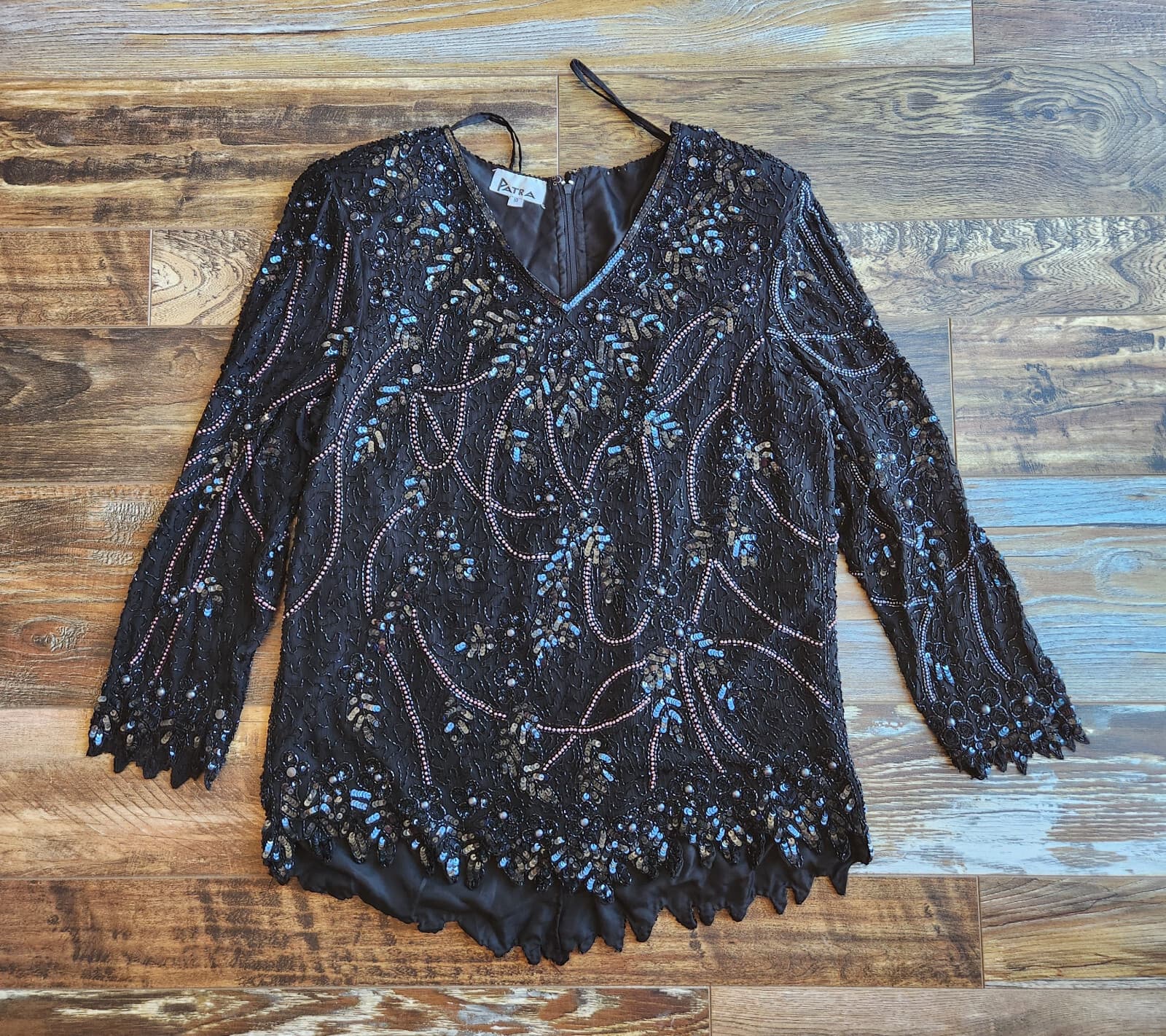 Vintage Patra Heavy Sequined Beaded Evening Party Top Long Sleeve Black Sz.10 - Thumbnail 4