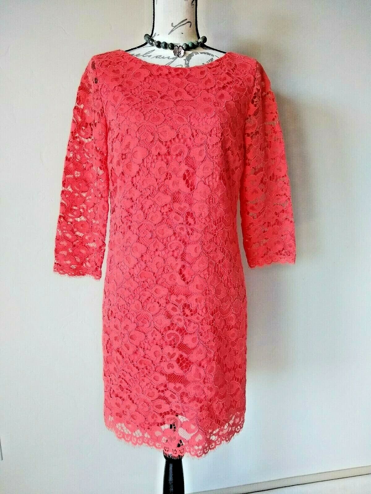 TRINA TURK Lace Shift Dress Long Sleeve Lined Red-orange Chest:36 in.
