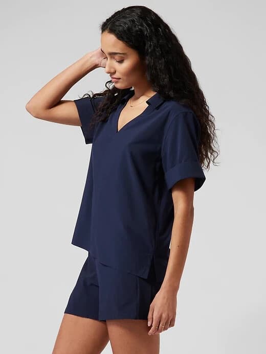 ATHLETA Northbound Top Shirt Short Sleeve V-Neck Collar Dark Navy Blue Women S - Thumbnail 3