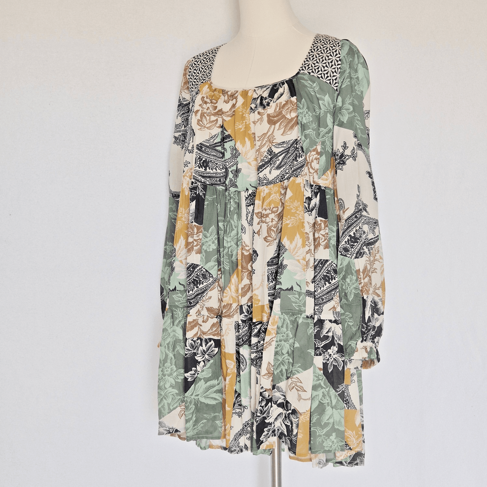 NWoT Anthropologie Tiered Tunic Mini Dress Long Sleeve Modal Mixed Printed Sz.S - Thumbnail 2