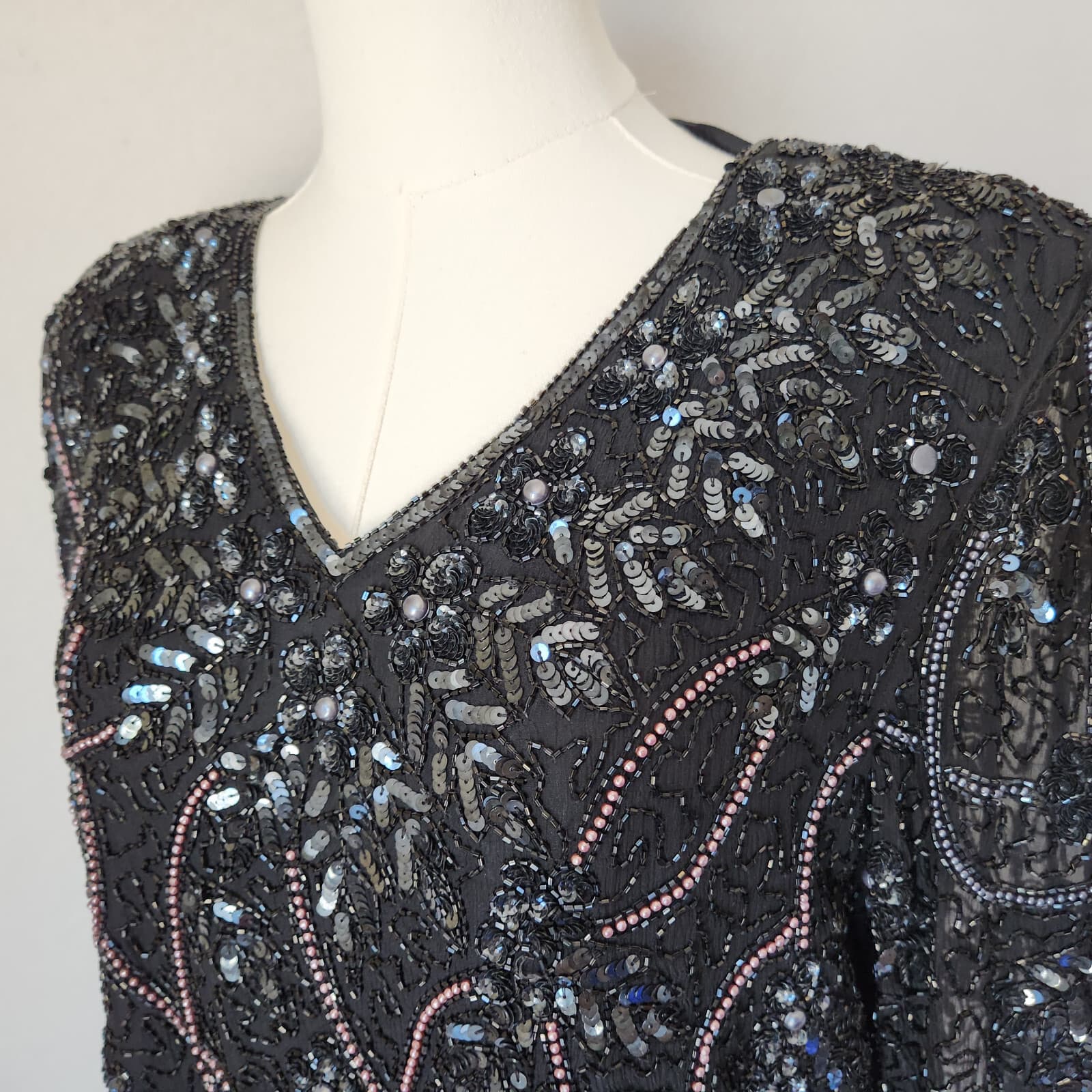 Vintage Patra Heavy Sequined Beaded Evening Party Top Long Sleeve Black Sz.10 - Thumbnail 3