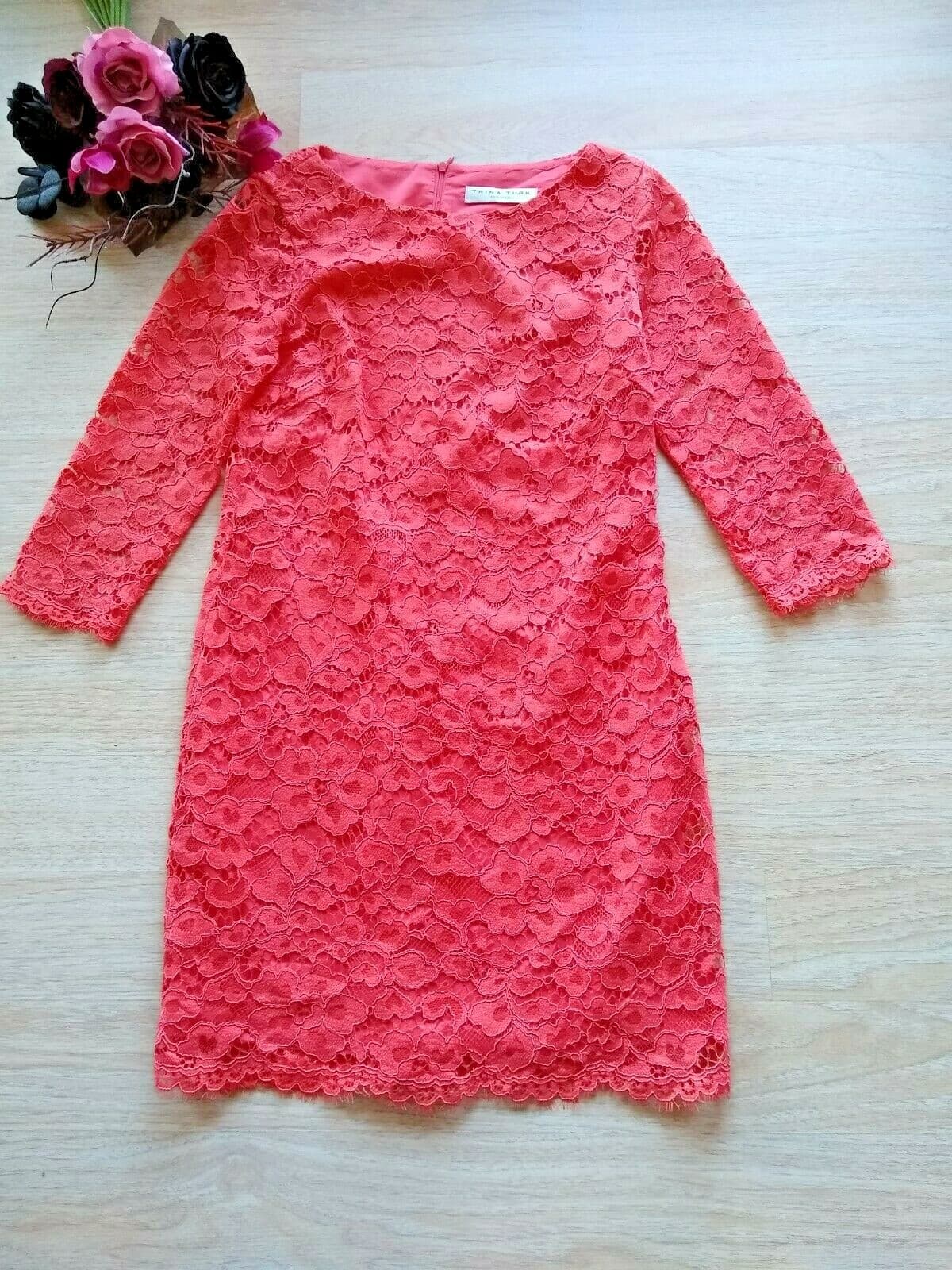 TRINA TURK Lace Shift Dress Long Sleeve Lined Red-orange Chest:36 in. - Thumbnail 2