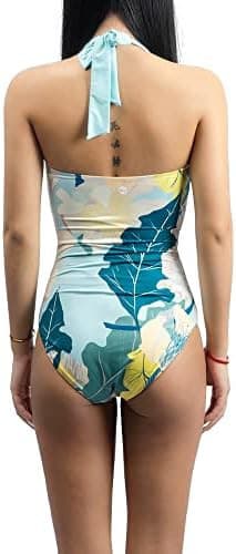 NWT NU-JUNE UPF 50+ Floral Halter High Cut Padded One Piece Swimsuit Blue Sz.M - Thumbnail 5