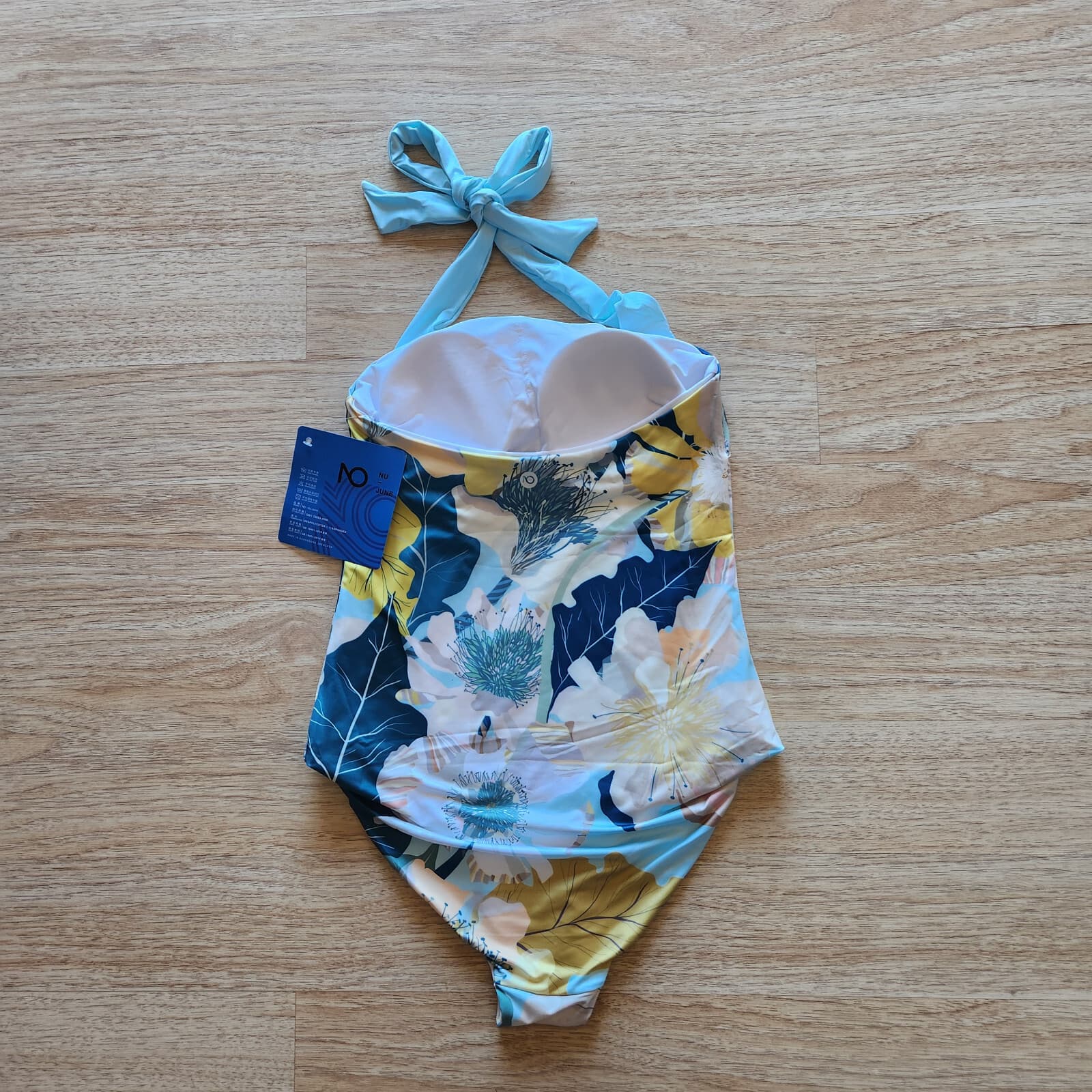 NWT NU-JUNE UPF 50+ Floral Halter High Cut Padded One Piece Swimsuit Blue Sz.M - Thumbnail 4