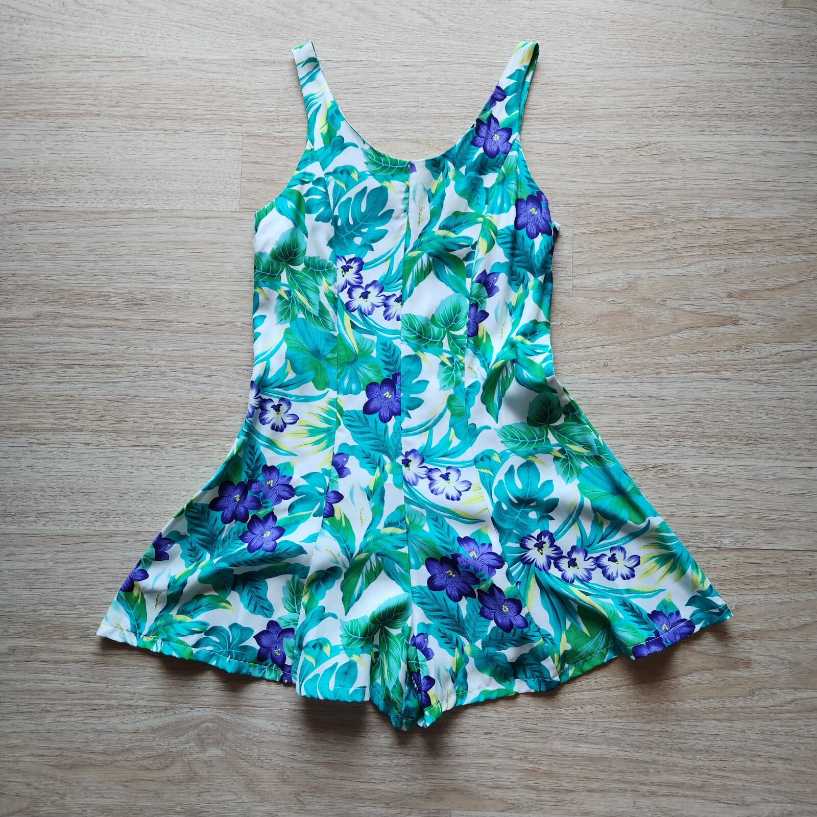 Paradise Bay Hawaiian Tropical Floral Romper Sleeveless Zip Rayon Green Sz.M USA - Thumbnail 5