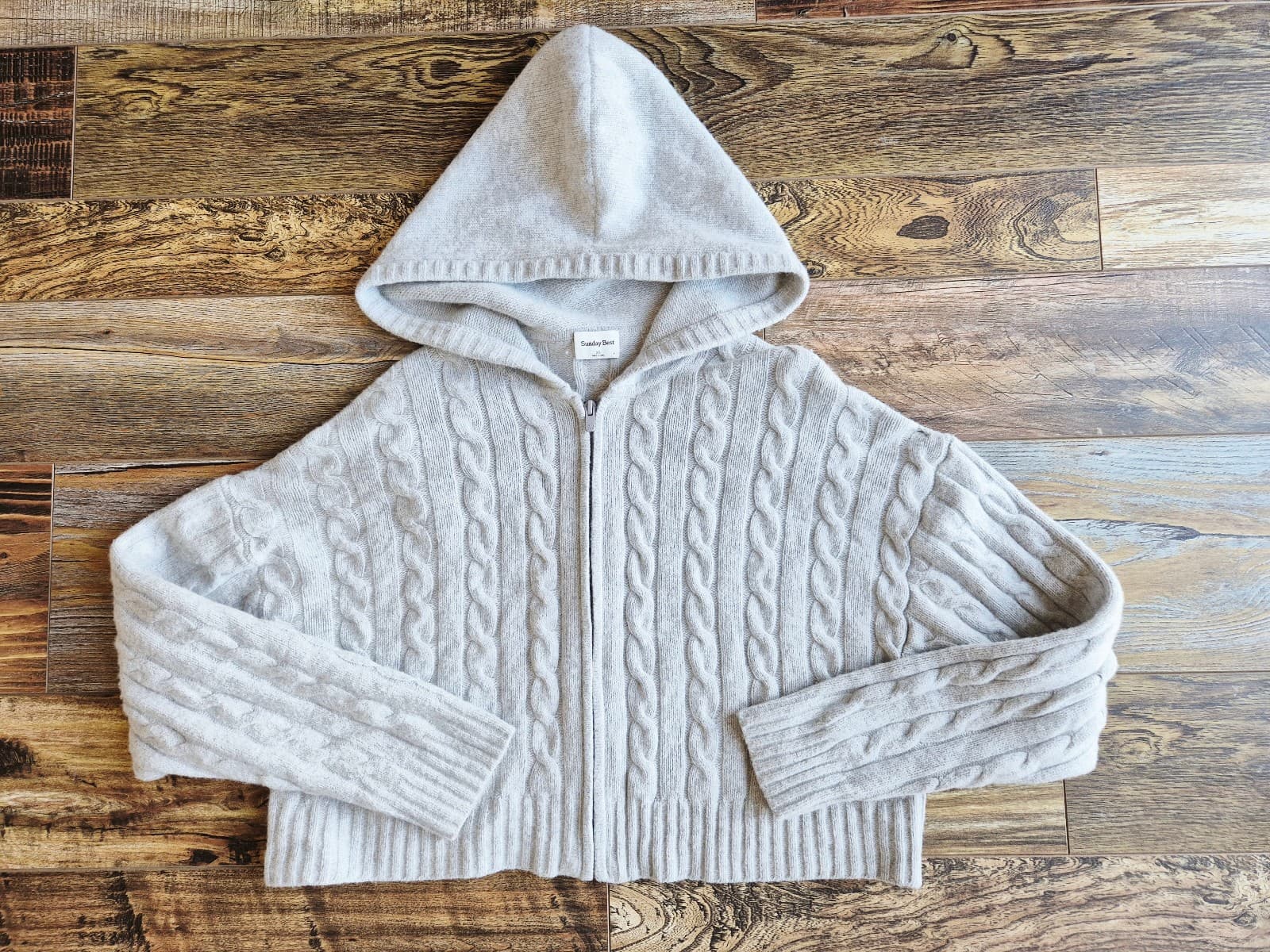 Aritzia Sunday Best Wool Blend Octavia Zip Hoodie Crop Sweater Cableknit Gray XS - Thumbnail 6