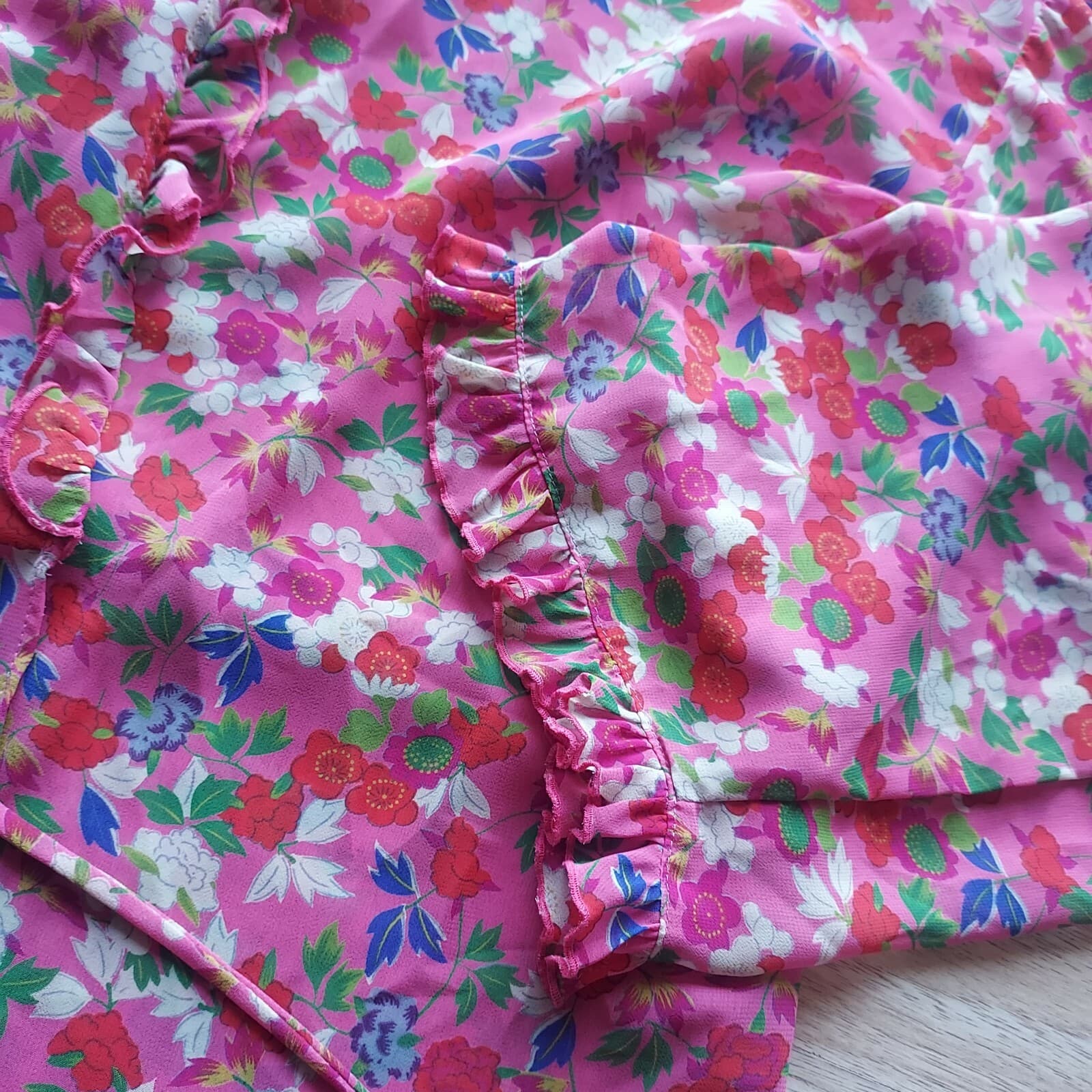 JOSIE Natori Chiffon Floral Ruffle Kimono Mini Robe Tie-Waist Pink Women Small - Thumbnail 6