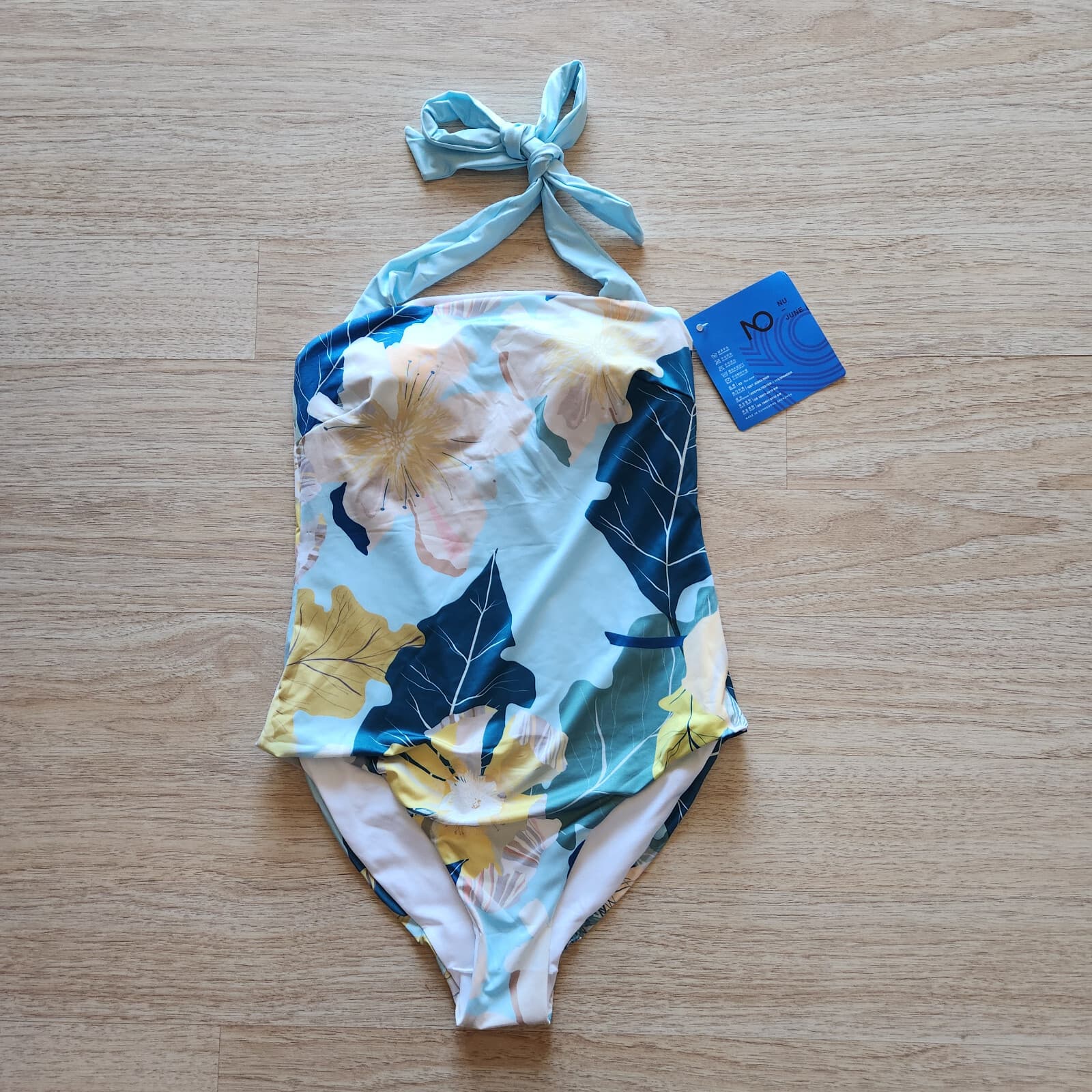 NWT NU-JUNE UPF 50+ Floral Halter High Cut Padded One Piece Swimsuit Blue Sz.M - Thumbnail 2