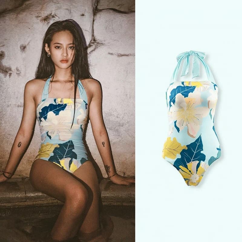 NWT NU-JUNE UPF 50+ Floral Halter High Cut Padded One Piece Swimsuit Blue Sz.M - Thumbnail 3