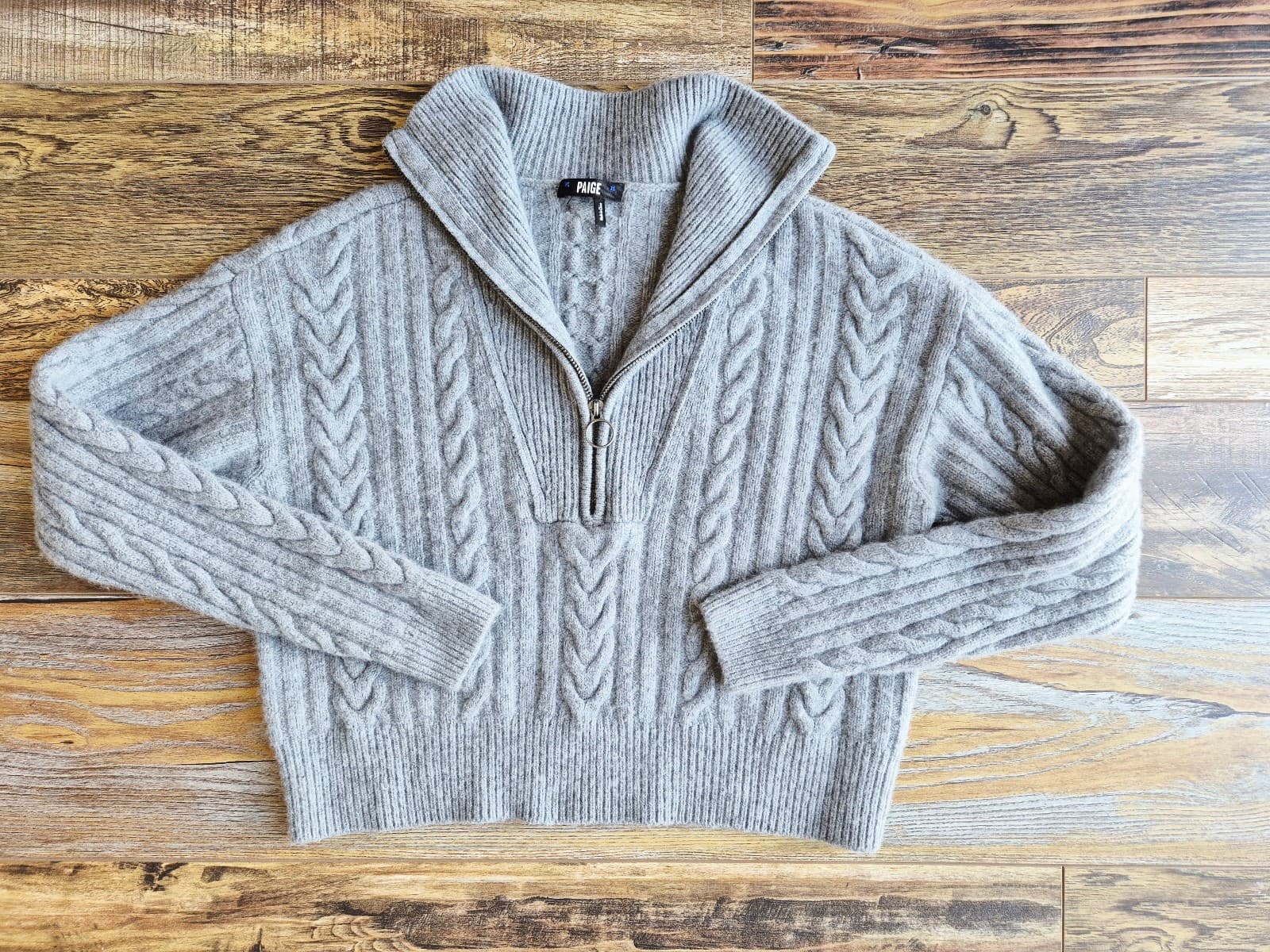 PAIGE Maylene Wool Blend Cable Knit Sweater 1/4 Zip Heather Grey Bust 40" (S/M) - Thumbnail 5