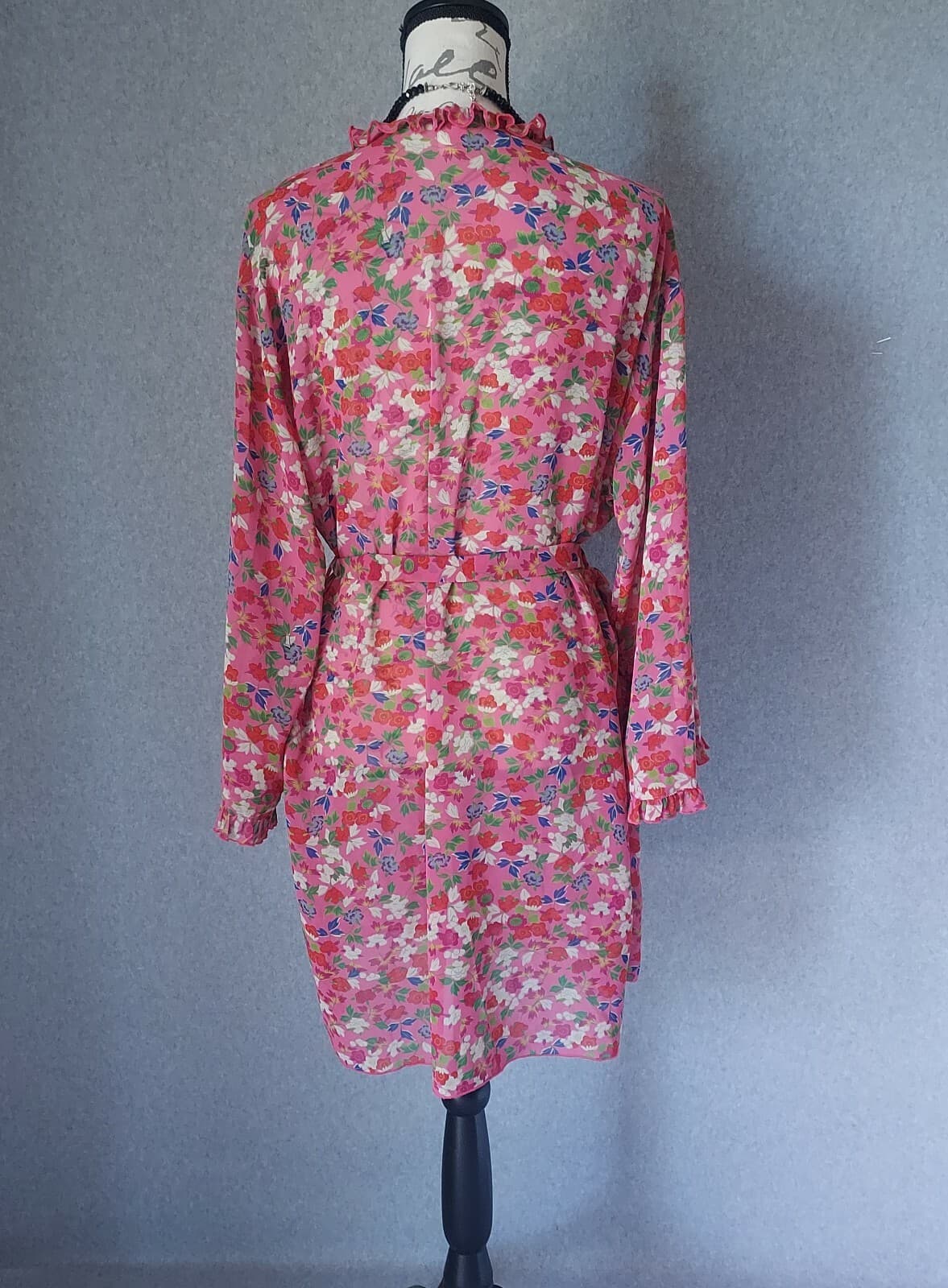 JOSIE Natori Chiffon Floral Ruffle Kimono Mini Robe Tie-Waist Pink Women Small - Thumbnail 4