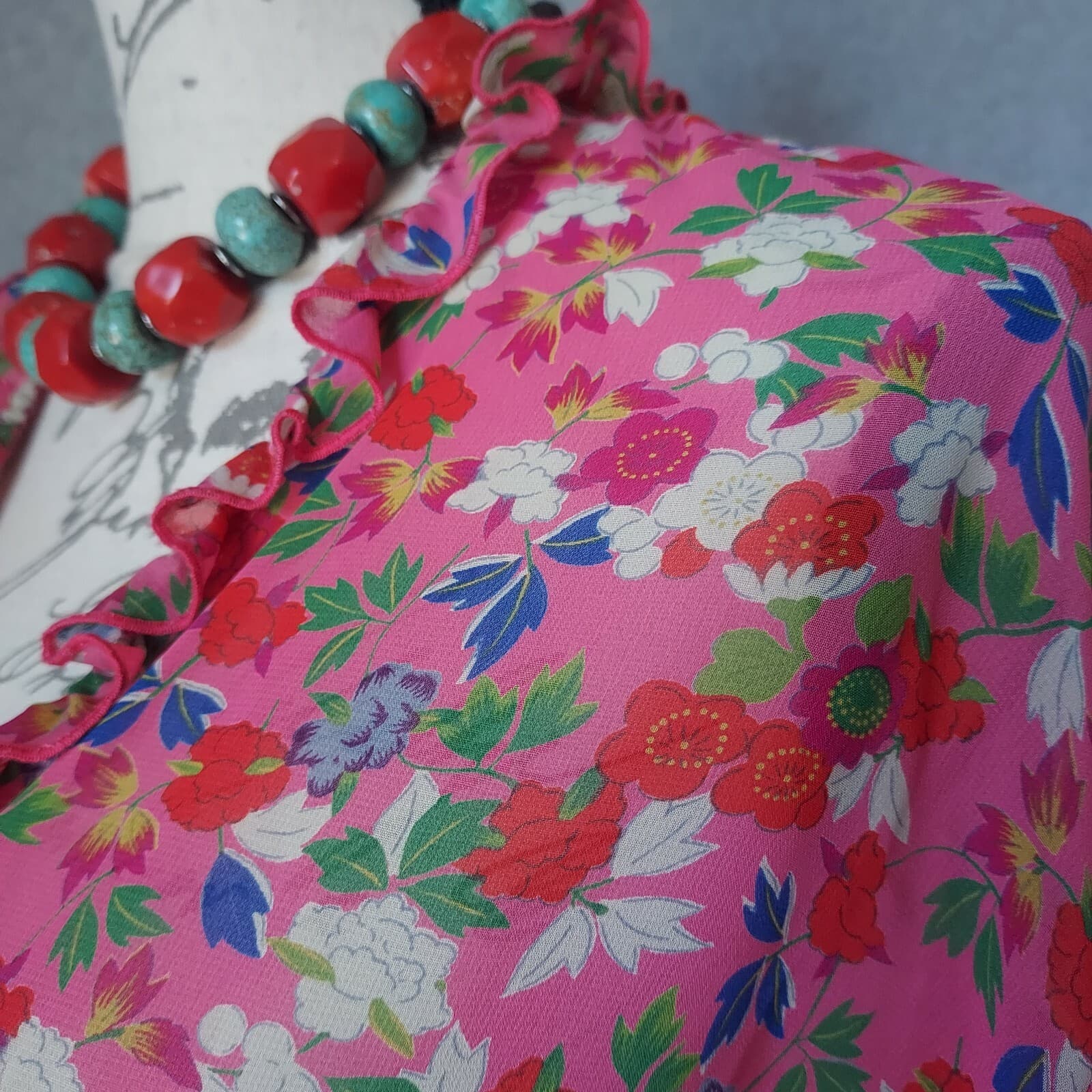 JOSIE Natori Chiffon Floral Ruffle Kimono Mini Robe Tie-Waist Pink Women Small - Thumbnail 2