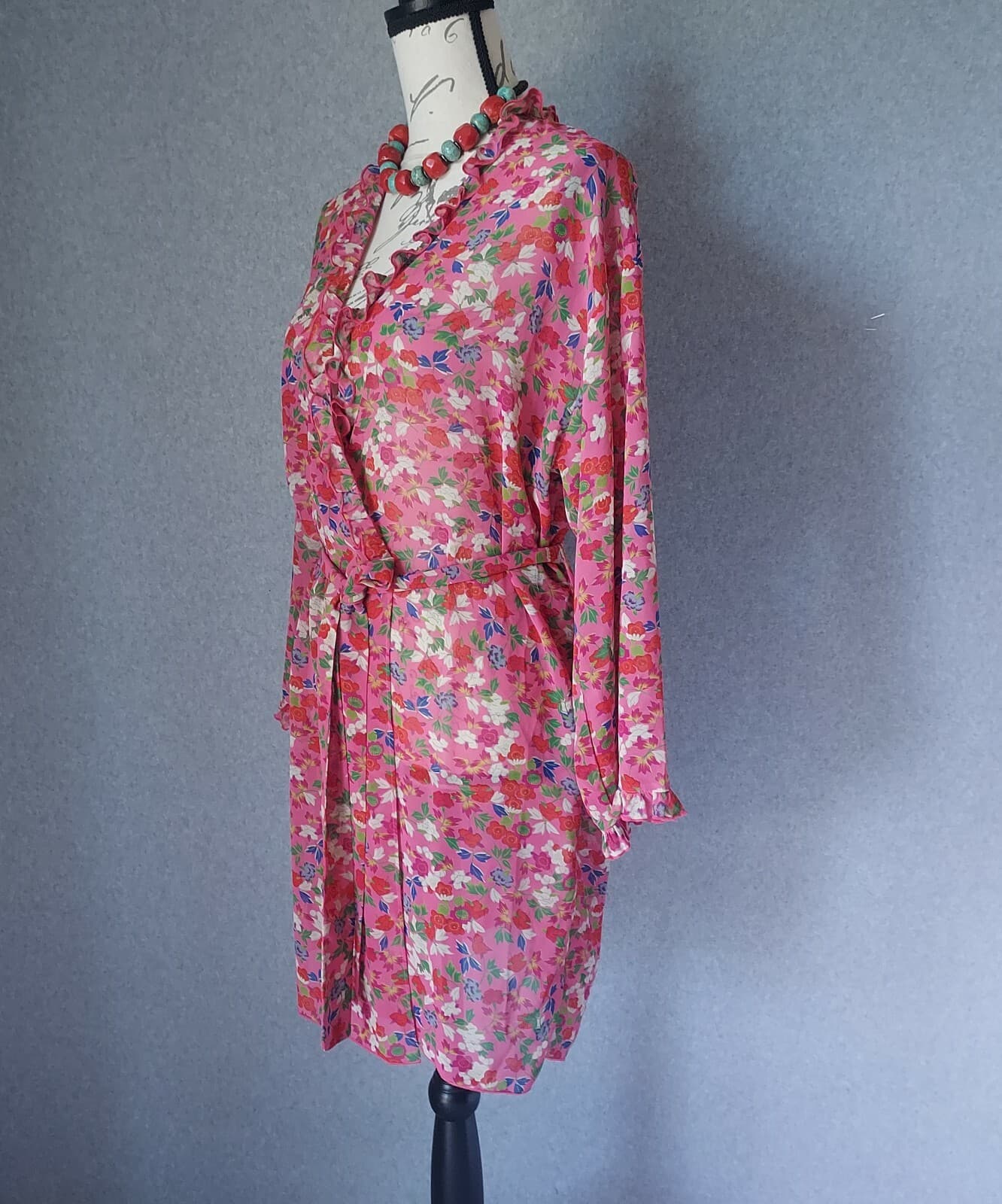 JOSIE Natori Chiffon Floral Ruffle Kimono Mini Robe Tie-Waist Pink Women Small - Thumbnail 3