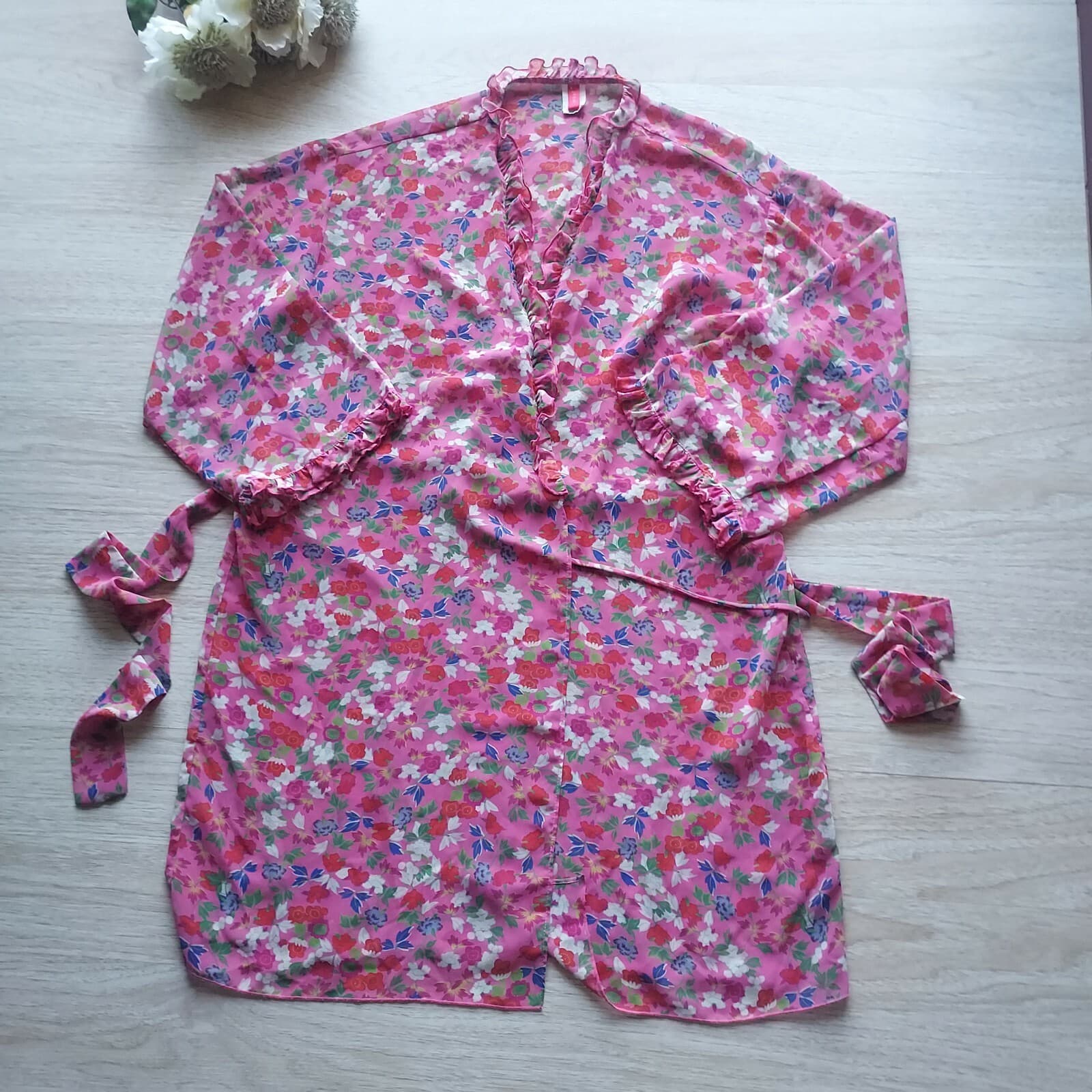 JOSIE Natori Chiffon Floral Ruffle Kimono Mini Robe Tie-Waist Pink Women Small - Thumbnail 5