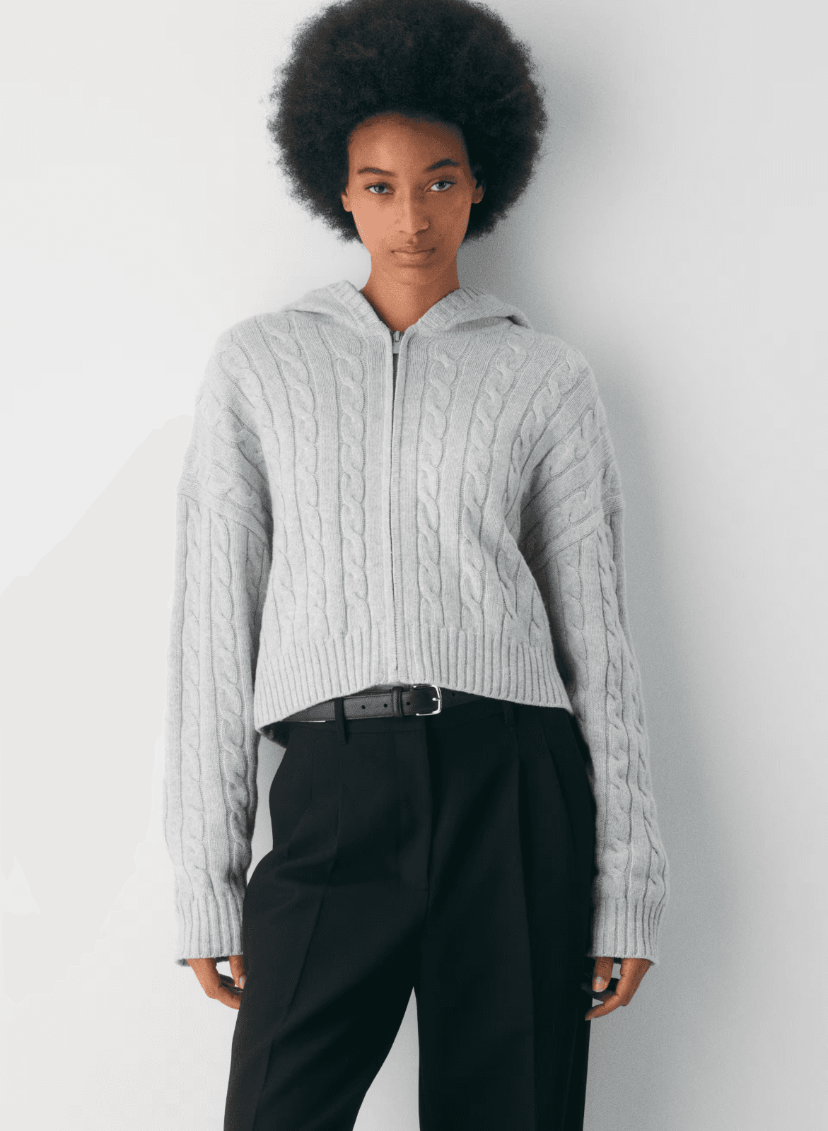 Aritzia Sunday Best Wool Blend Octavia Zip Hoodie Crop Sweater Cableknit Gray XS - Thumbnail 2