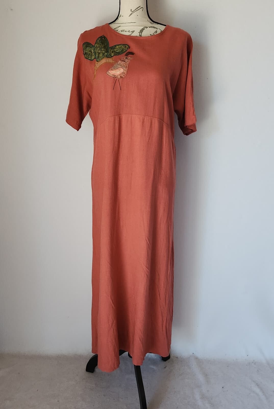 Alfredo's Wife Bird-Embroidered Tunic Maxi Dress Short Sleeve Orange Brown Sz.S - Thumbnail 2