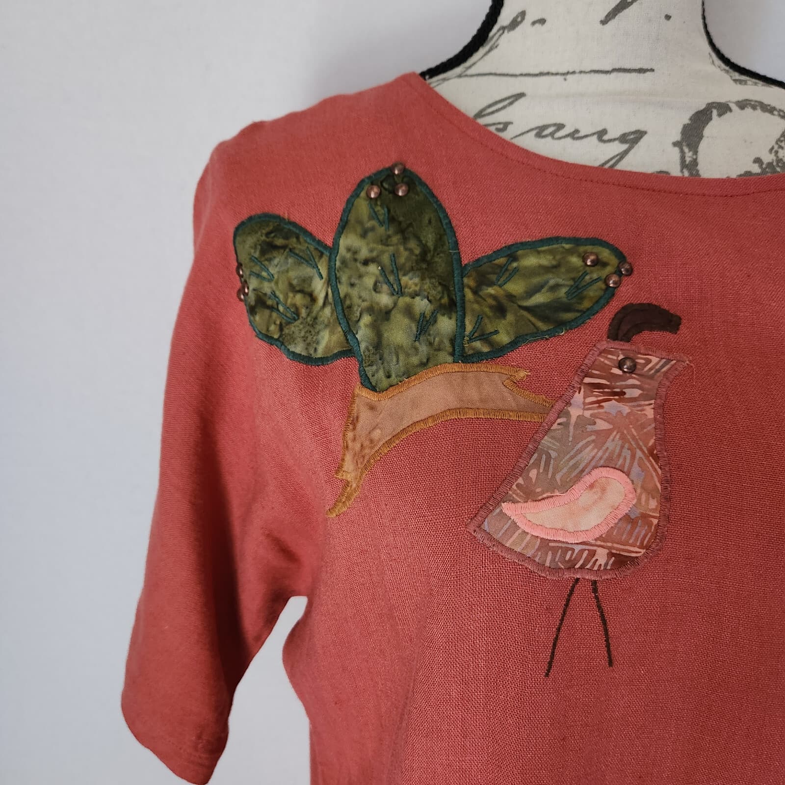 Alfredo's Wife Bird-Embroidered Tunic Maxi Dress Short Sleeve Orange Brown Sz.S - Thumbnail 3