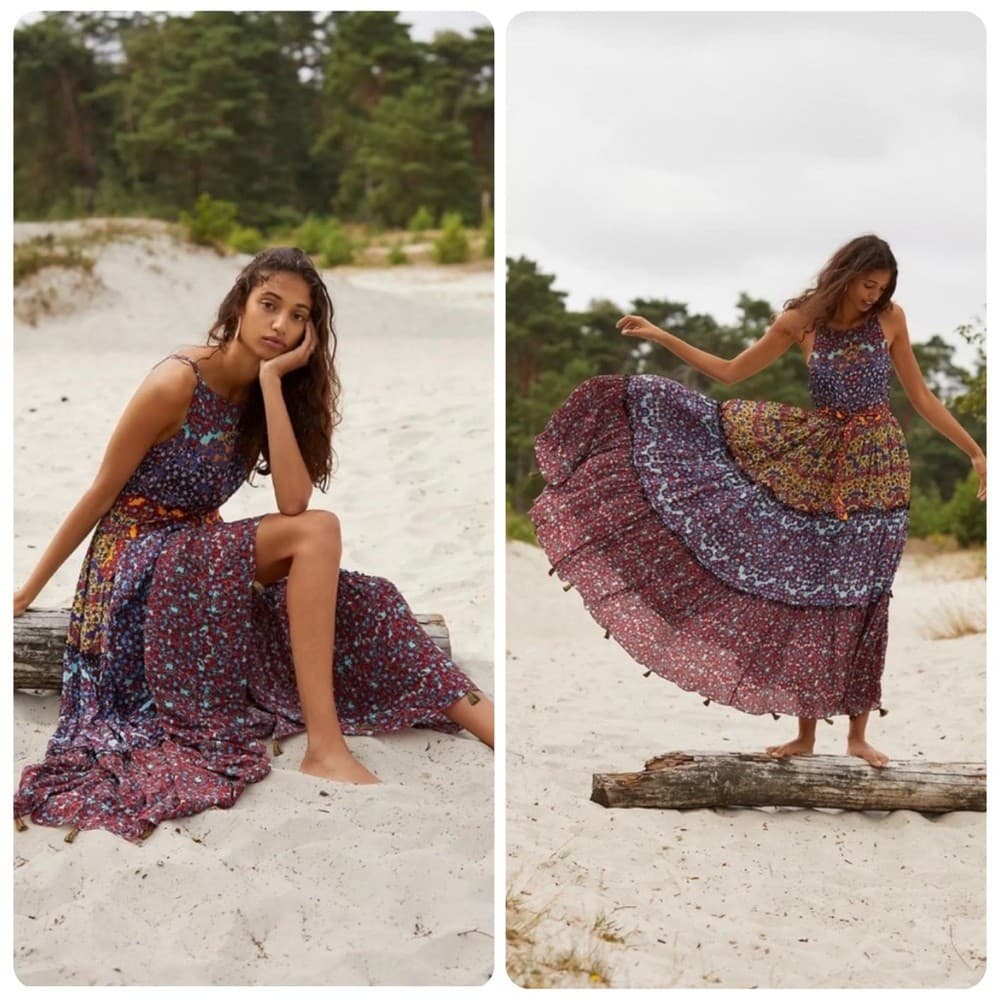 NEW Bhanuni Jyoti Anthropoloe Marala Boho-Chic Tiered Maxi Dress Belt Sz.2 $230 - Thumbnail 6