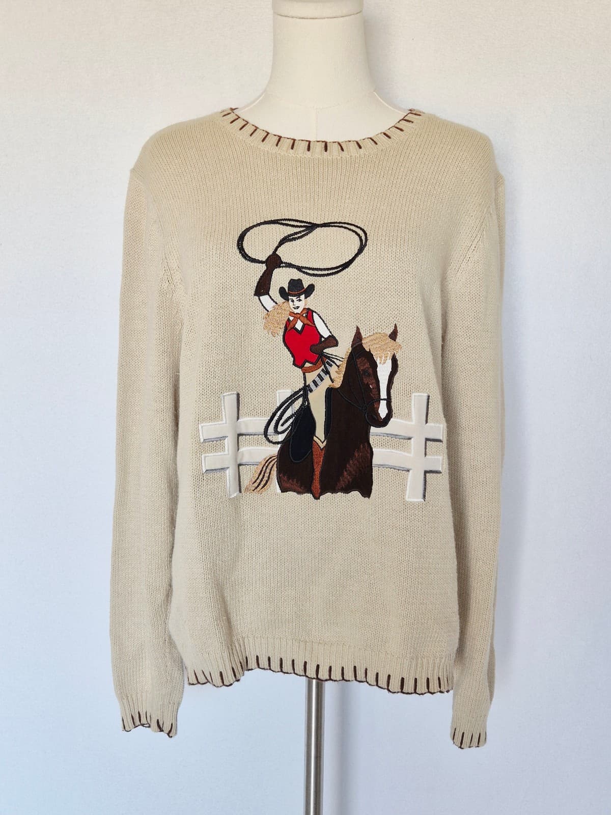Vintage ROD'S Embroidered Western Cowgirl Crew Sweater Ramie Cotton Beige Sz.L - Thumbnail 3