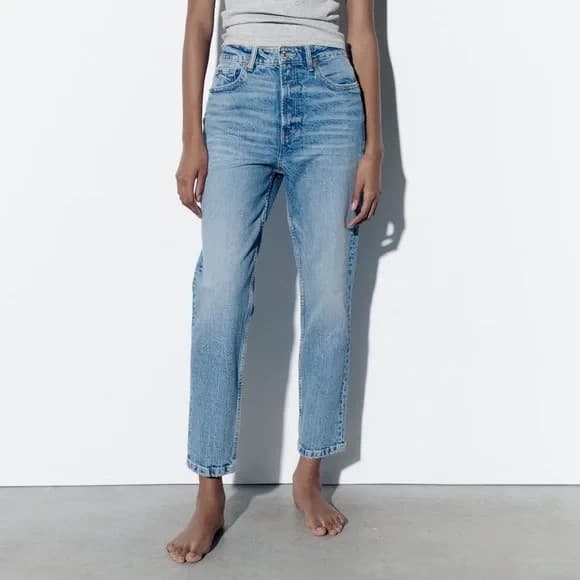 NWT ZARA Mom Fit High Rise Ankle Jeans Zip 5-Pocket Rigid Blue Cotton Women's 0 - Thumbnail 4