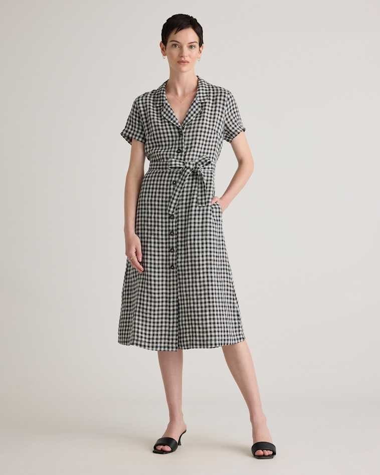 Quince European Linen Gingham Button-Front Shirt Dress Short Sleeve Black Sz.L - Thumbnail 2
