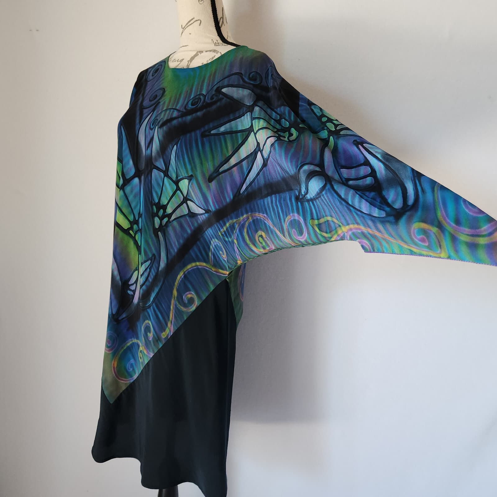 Vintage Laura White Hand Painted Silk Tunic Mini Dress Batwing Sleeve Green Sz.S - Thumbnail 3