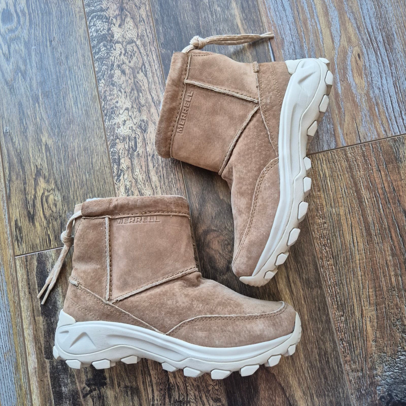 Merrell Women's 7.5 Suede Waterproof Winter Pull-On Bootie Faux Fur Lined Camel - Thumbnail 7