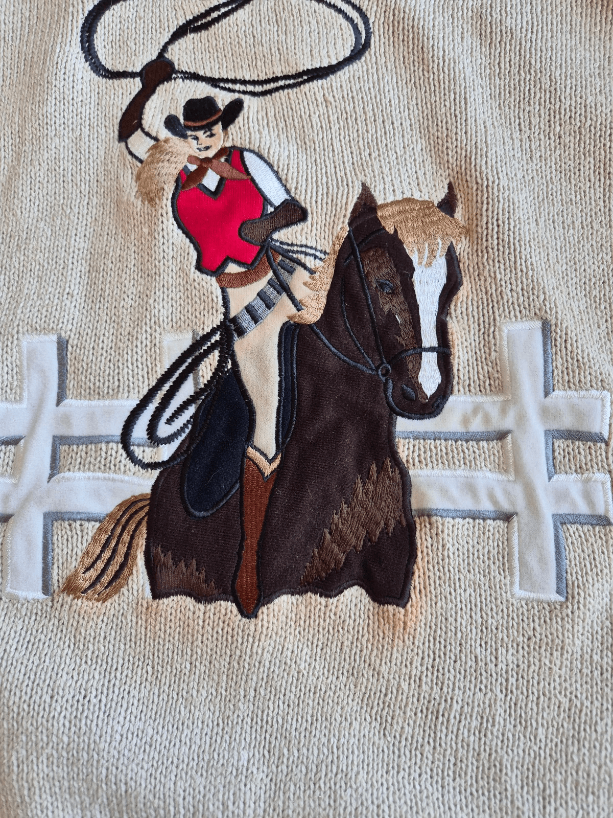 Vintage ROD'S Embroidered Western Cowgirl Crew Sweater Ramie Cotton Beige Sz.L - Thumbnail 2