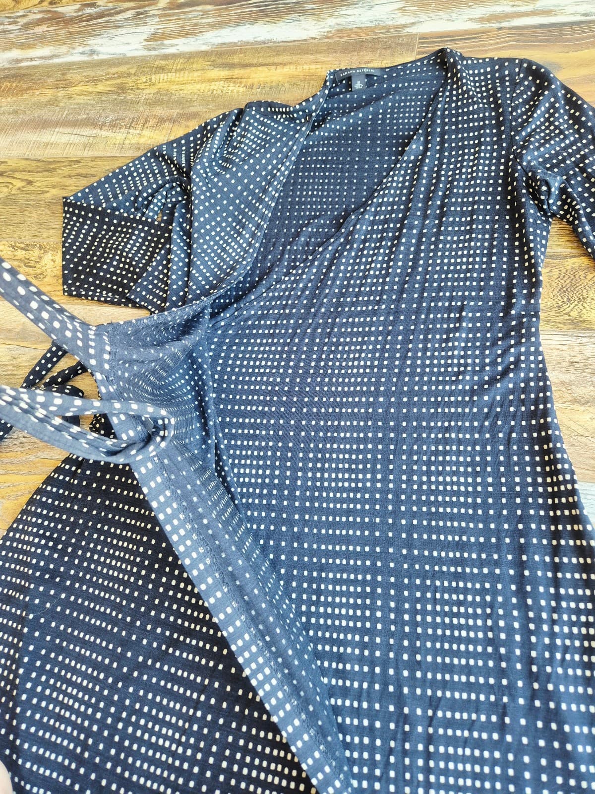 Banana Republic Silk Wool Wrap Dress Long Sleeve Black White Grid Square Size M - Thumbnail 7