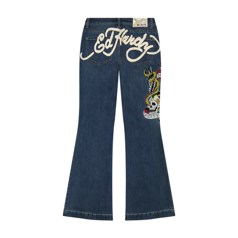 Ed Hardy Women's 26 New York City Eagle Skull Embroidered Slim Flare Jeans Blue - Thumbnail 5