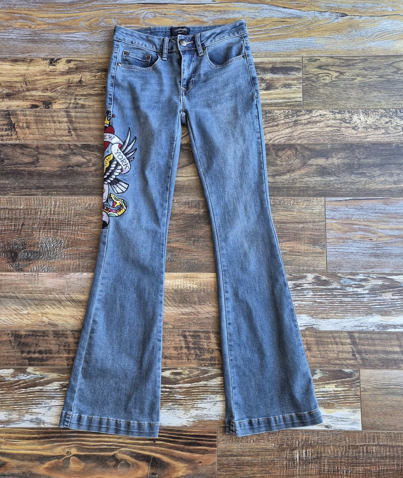 Ed Hardy Women's 26 New York City Eagle Skull Embroidered Slim Flare Jeans Blue - Thumbnail 6
