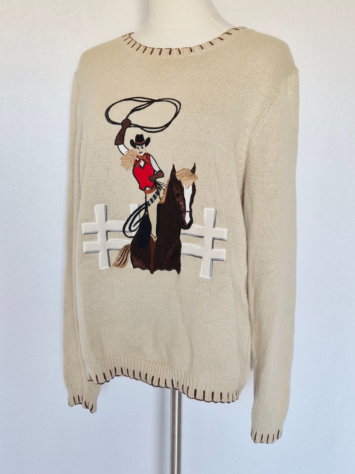 Vintage ROD'S Embroidered Western Cowgirl Crew Sweater Ramie Cotton Beige Sz.L - Thumbnail 4