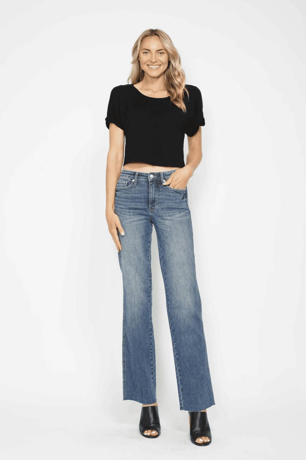 NWT JUDY BLUE Tummy Control Vintage Straight Jeans Mid Rise Raw Hem Blue Sz.1/25 - Thumbnail 6