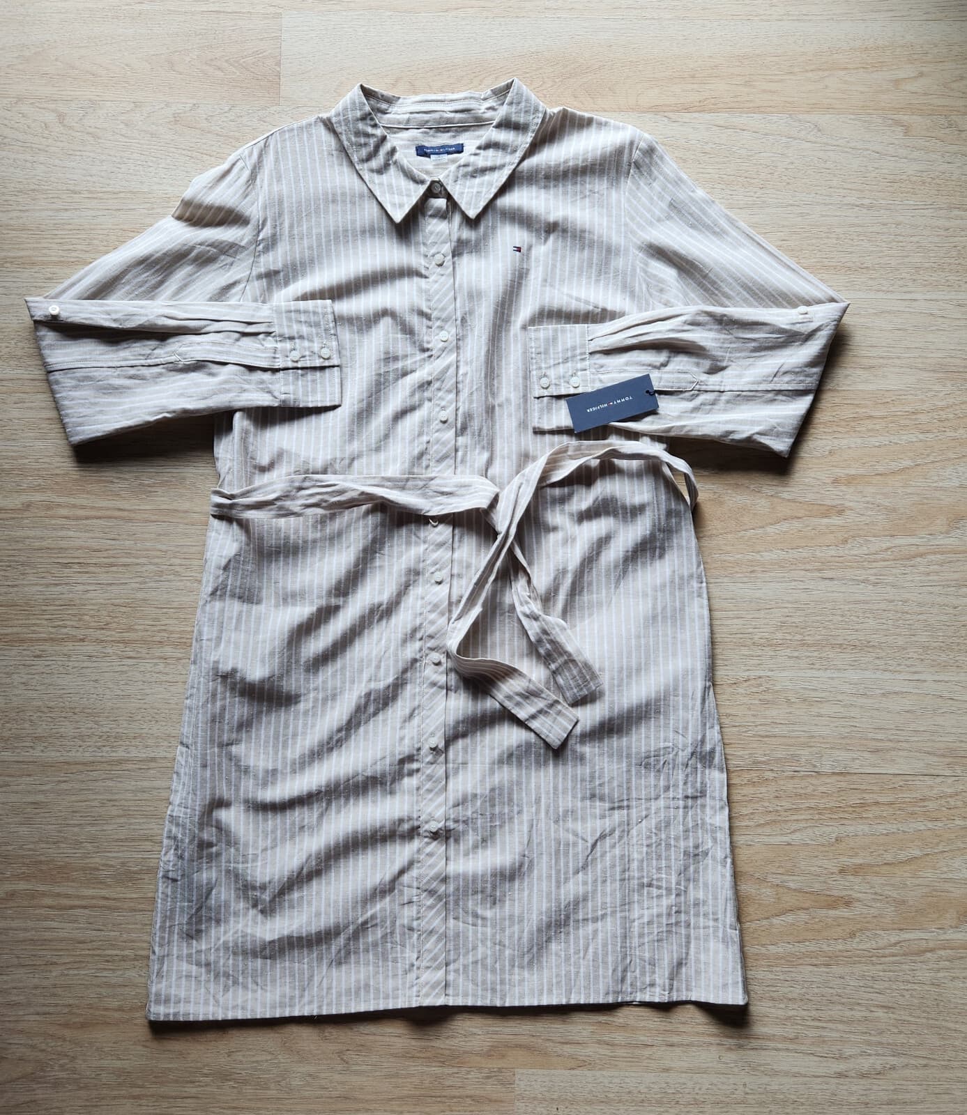 NWT Tommy Hilfiger Linen Blend Belted Shirt-Dress Long Sleeve Striped Beige 12 - Thumbnail 5