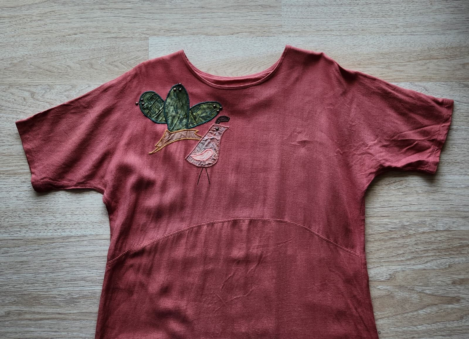 Alfredo's Wife Bird-Embroidered Tunic Maxi Dress Short Sleeve Orange Brown Sz.S - Thumbnail 6