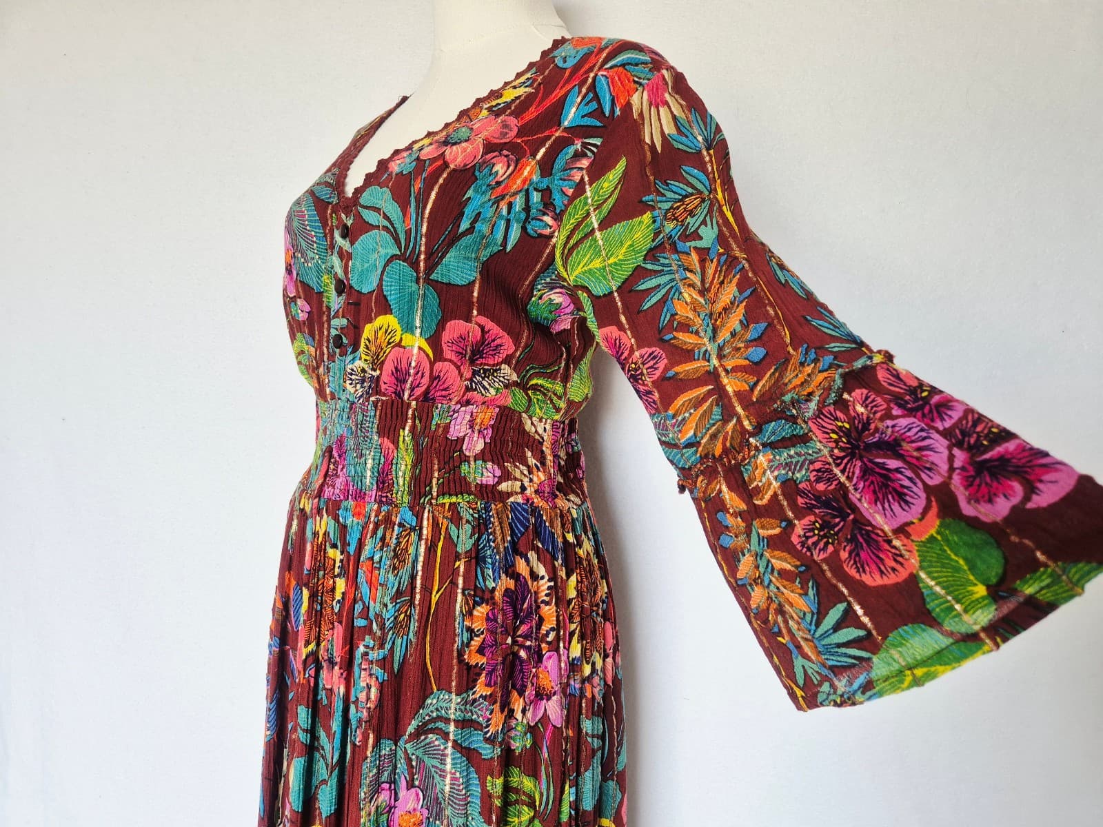 NEW Me 2 Magic Floral Boho Maxi Dress Smocked Tiered Crinkle Brown Metallic Sz.S - Thumbnail 4