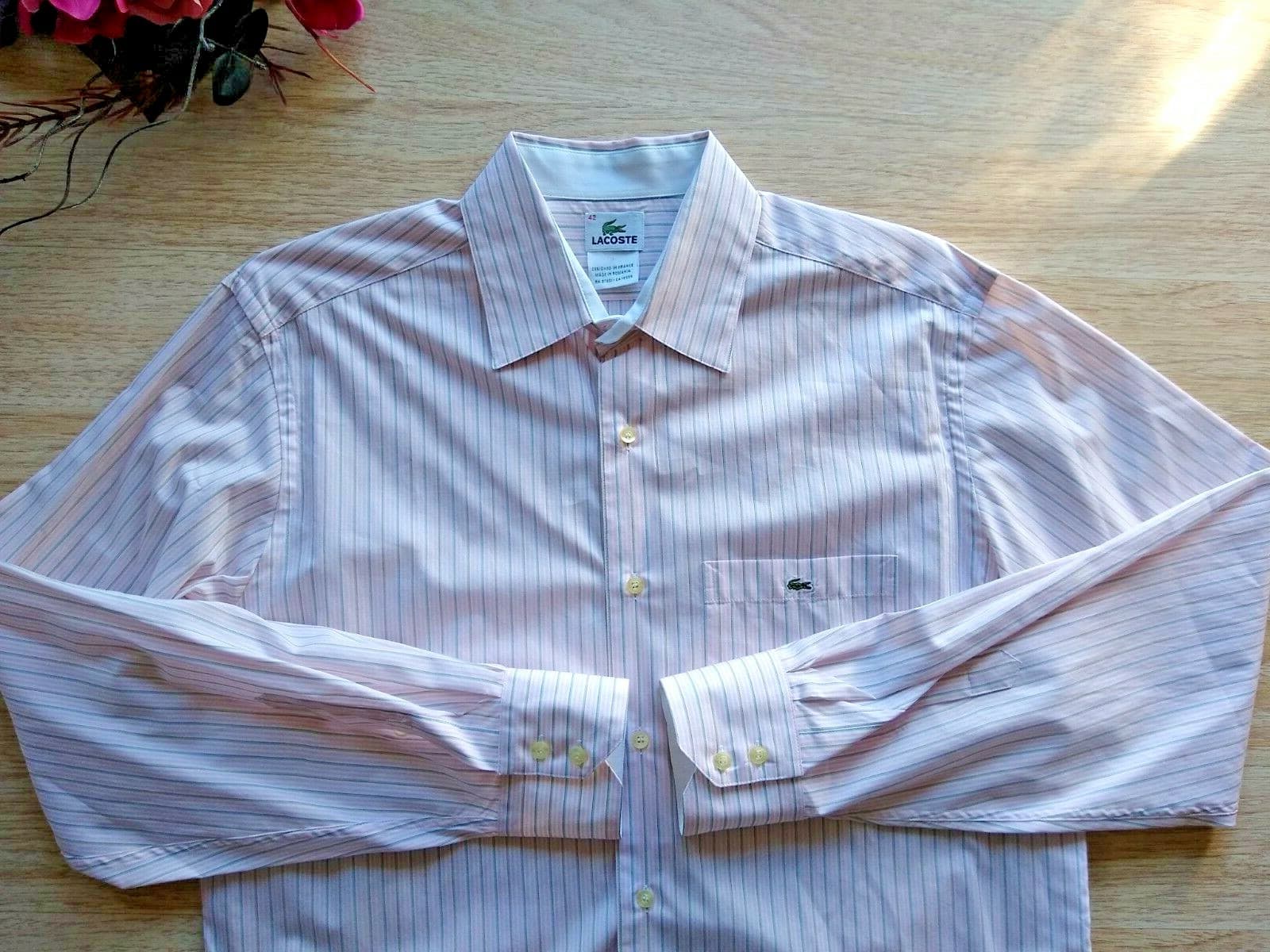 LACOSTE Long Sleeve Shirt Button-down Pocket Pink Green Stripped Sz.42 - Thumbnail 3