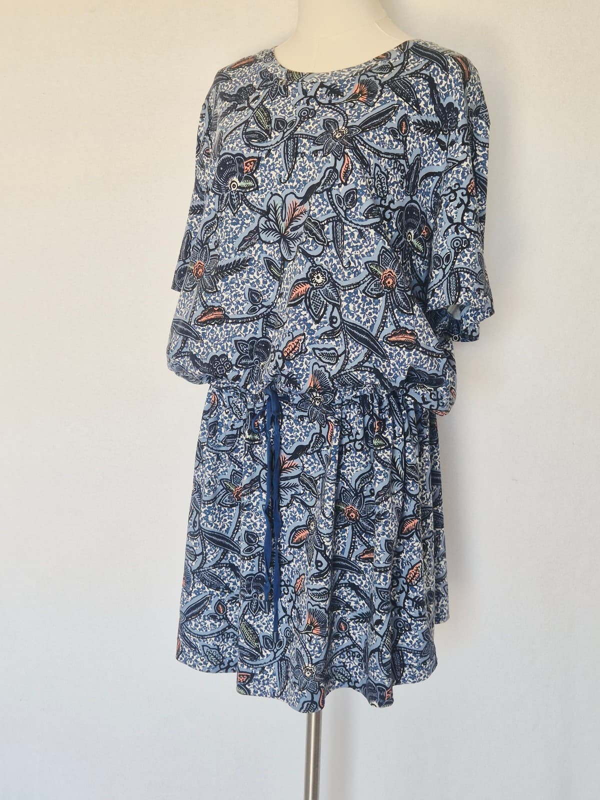Tory Burch Floral Dropwaist Drawstring Dress Short Sleeve Blue Knit Cotton Sz.XL - Thumbnail 3