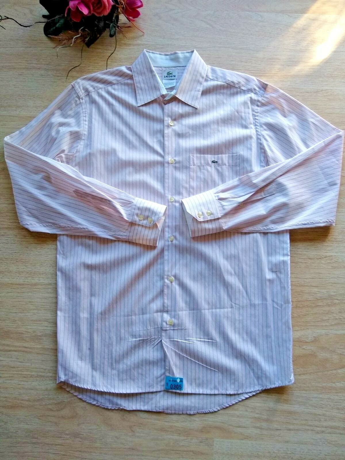LACOSTE Long Sleeve Shirt Button-down Pocket Pink Green Stripped Sz.42 - Thumbnail 2