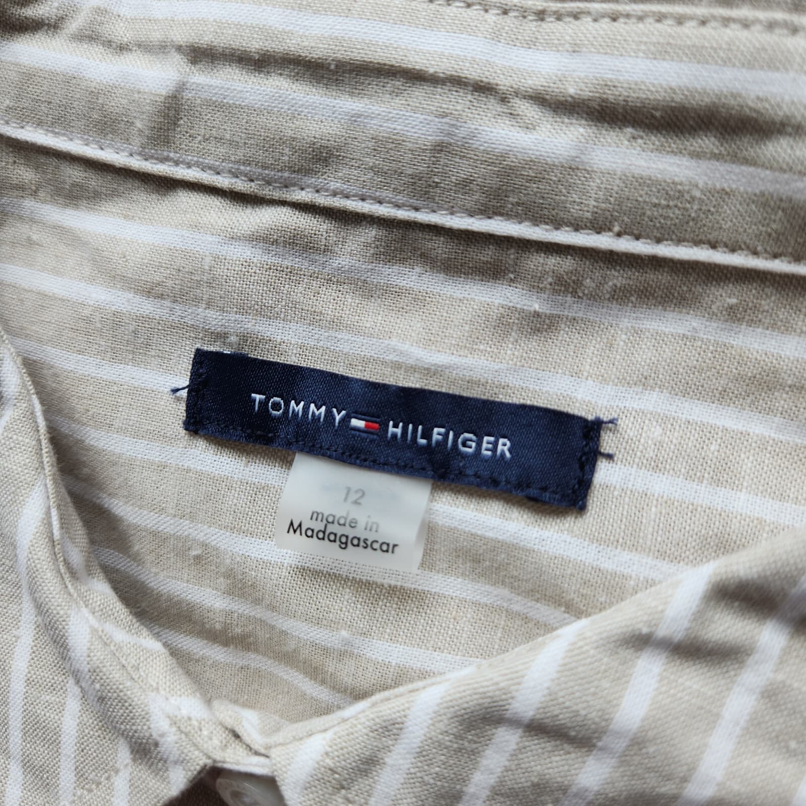 NWT Tommy Hilfiger Linen Blend Belted Shirt-Dress Long Sleeve Striped Beige 12 - Thumbnail 8