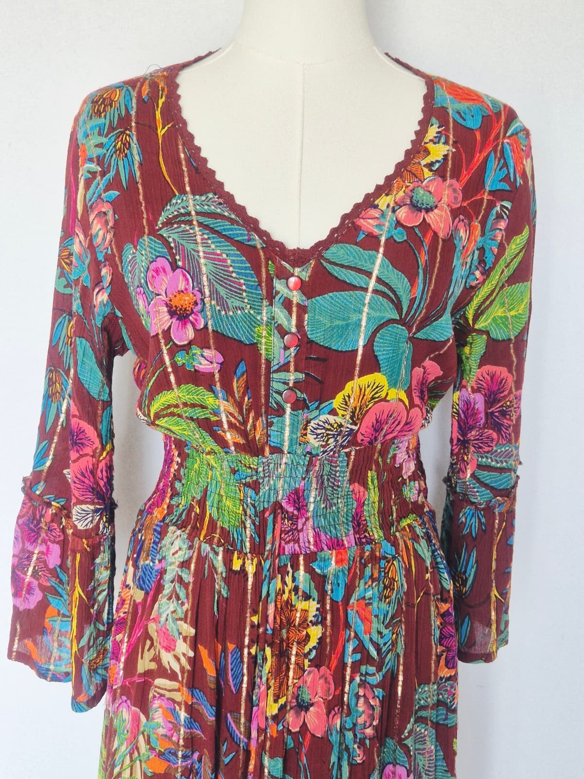 NEW Me 2 Magic Floral Boho Maxi Dress Smocked Tiered Crinkle Brown Metallic Sz.S - Thumbnail 2