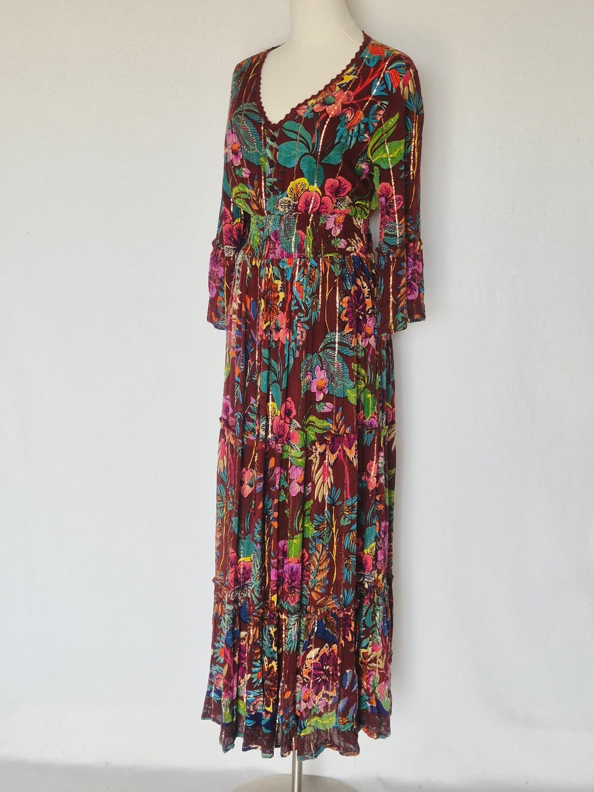 NEW Me 2 Magic Floral Boho Maxi Dress Smocked Tiered Crinkle Brown Metallic Sz.S - Thumbnail 3
