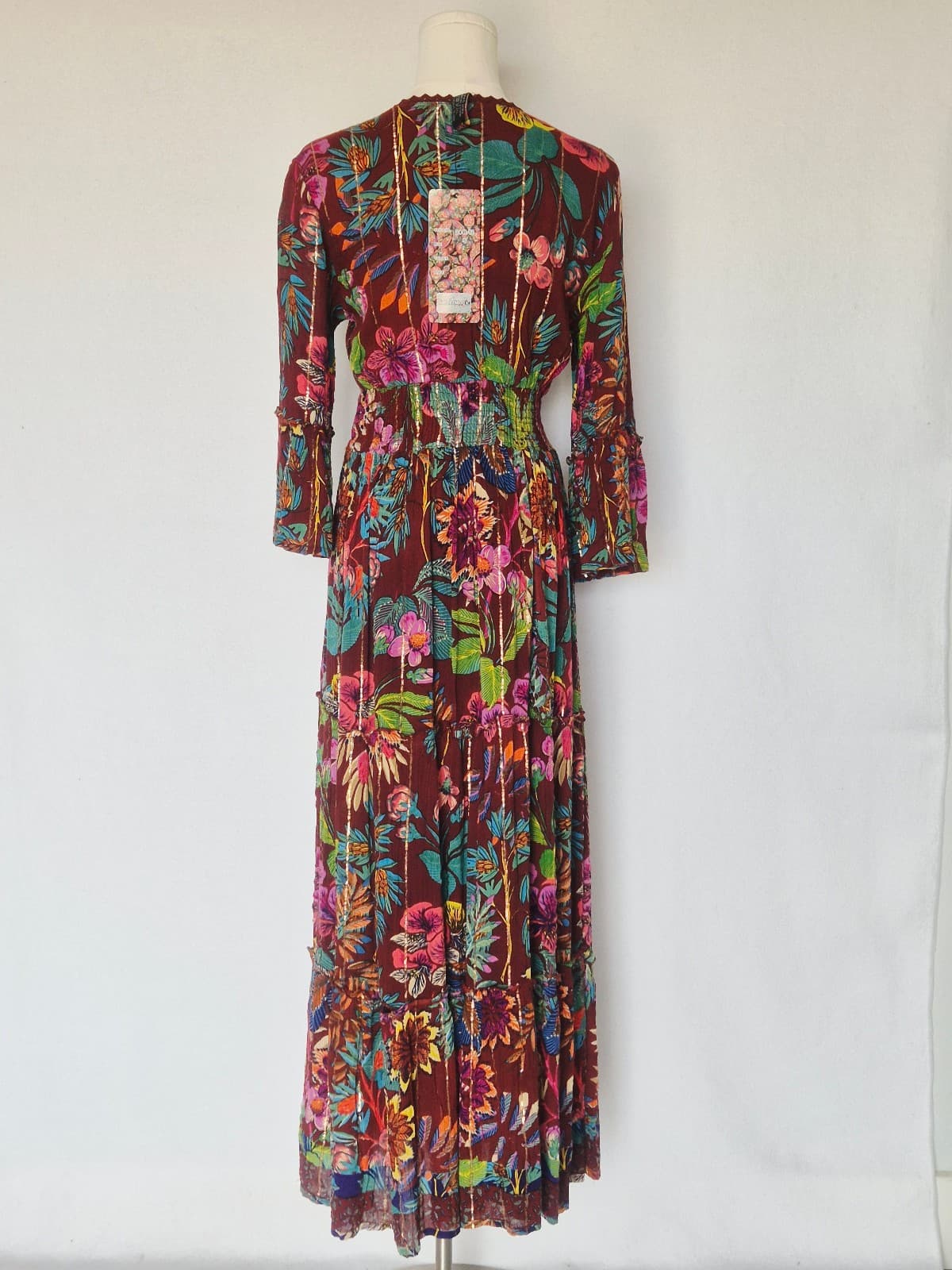 NEW Me 2 Magic Floral Boho Maxi Dress Smocked Tiered Crinkle Brown Metallic Sz.S - Thumbnail 6
