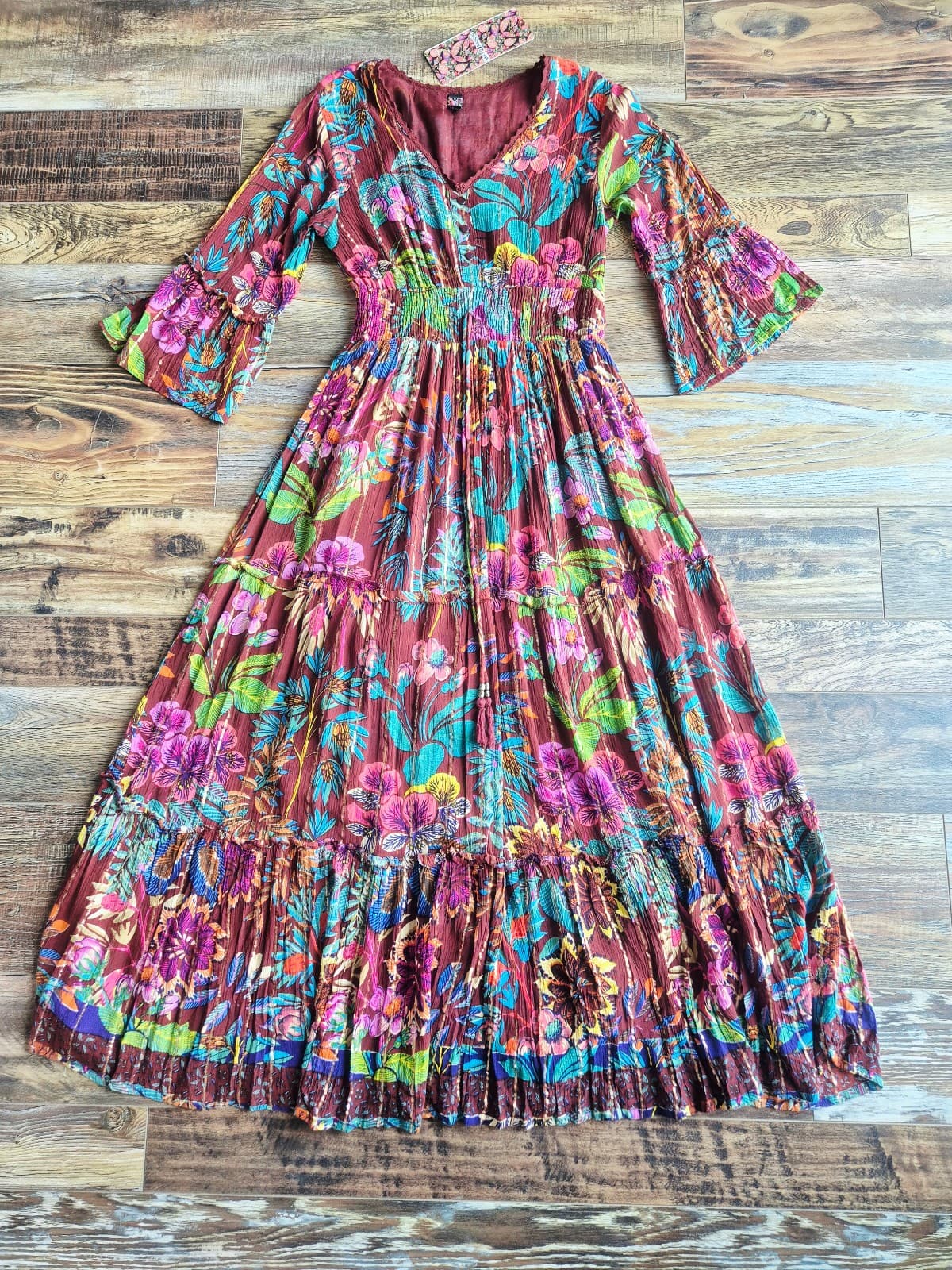 NEW Me 2 Magic Floral Boho Maxi Dress Smocked Tiered Crinkle Brown Metallic Sz.S - Thumbnail 7