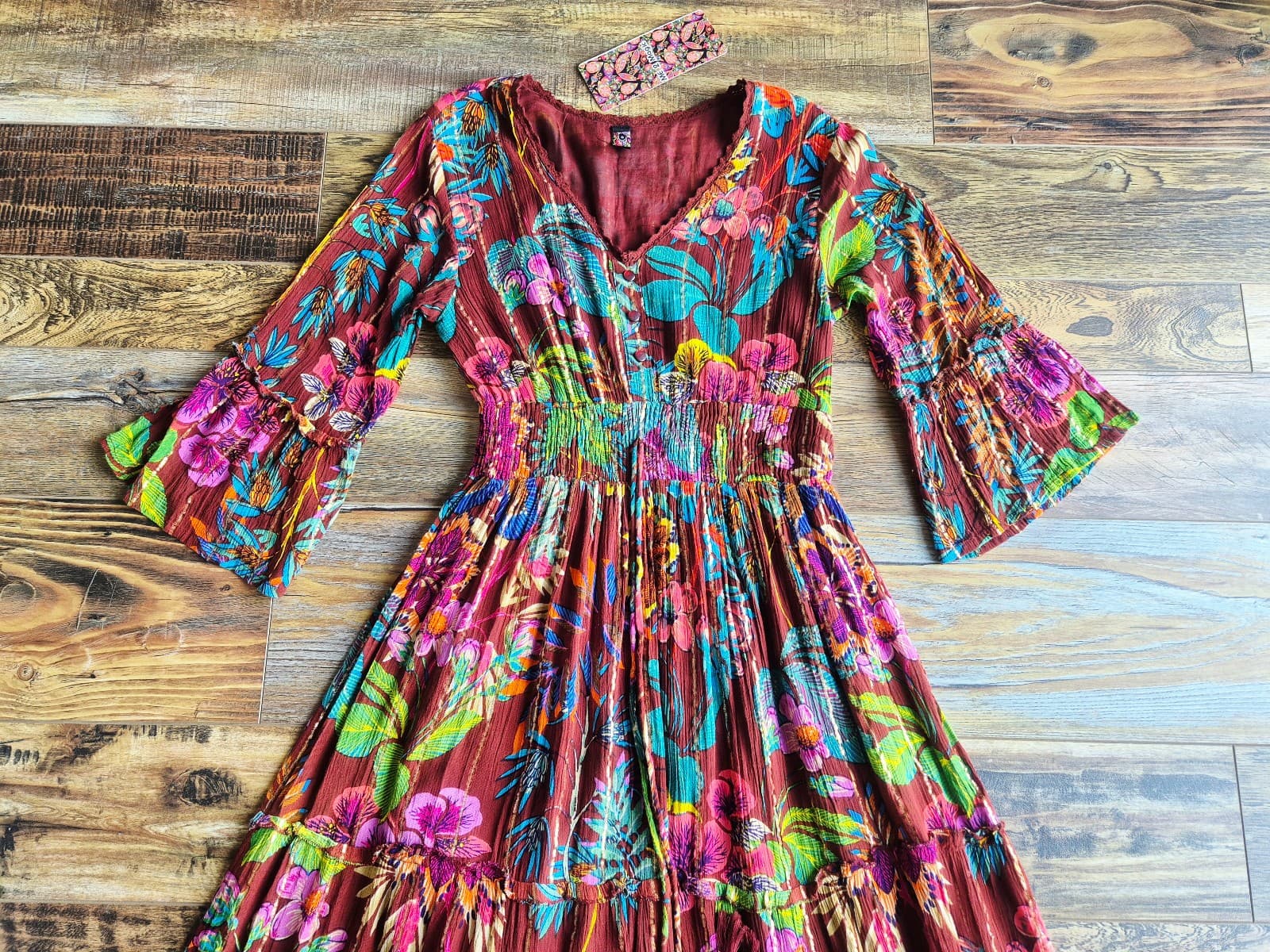NEW Me 2 Magic Floral Boho Maxi Dress Smocked Tiered Crinkle Brown Metallic Sz.S - Thumbnail 9