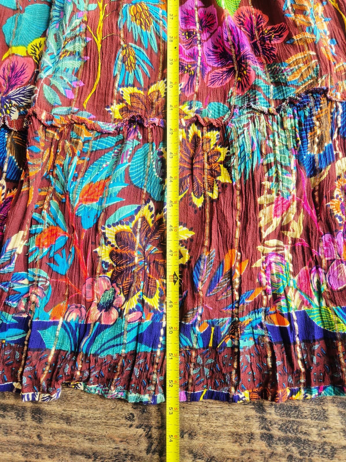 NEW Me 2 Magic Floral Boho Maxi Dress Smocked Tiered Crinkle Brown Metallic Sz.S - Thumbnail 14