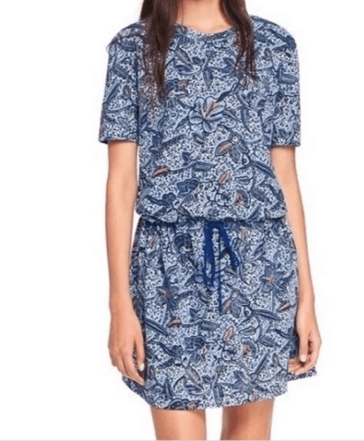 Tory Burch Floral Dropwaist Drawstring Dress Short Sleeve Blue Knit Cotton Sz.XL - Thumbnail 2